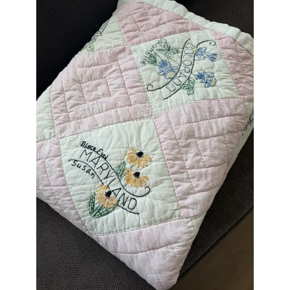 Vintage 48 US State Flower Quilt Embroidered Pink Checkered Handmade